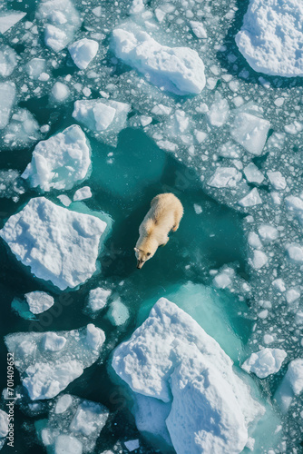 Aerial view of a bear walking in the snow field in winter