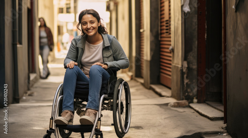 Young woman sitting in a wheelchair outdoors on a city street, enjoying a sunny day. © MP Studio