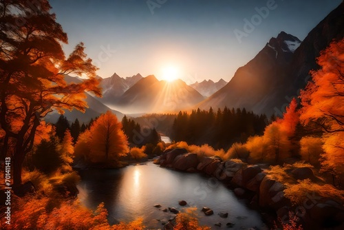 Amidst the golden embrace of Autumn, imagine the majestic mountains at sunrise, their peaks adorned with vibrant foliage