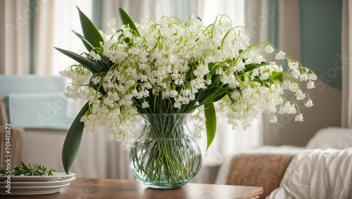 Vase with lilies of the valley in the room decoration