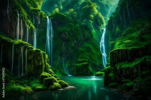 Fototapeta A cascading waterfall in a lush green canyon.