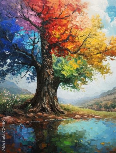 Rainbow-Colored Oak Tree with Vibrant Leaves