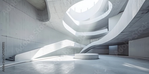 Empty abstract architectural building characterized by minimal concrete design open floor plan with a central courtyard, and curved walls, creating a museum plaza with ample space for wide displays.