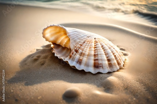 The gentle curve of a seashell on a sandy beach. © V.fang