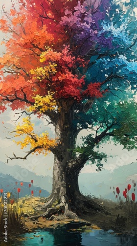 Rainbow-Colored Oak Tree with Vibrant Leaves