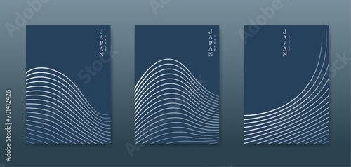 Japanese landscape background set cards gold line wave pattern vector illustration. Blue luxury Abstract template geometric wavy texture. Mountain layout design in oriental style, vertical brochure