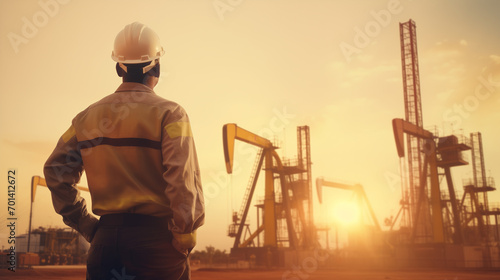 Engineer manager standing front of oil refinery at sunset, Oil field supervisor engineer in safety equipment looking at oil rig pumps, Generative AI photo
