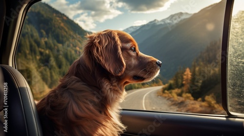 A faithful travel companion, the dog, looking out of the car window at a stunning mountain view.