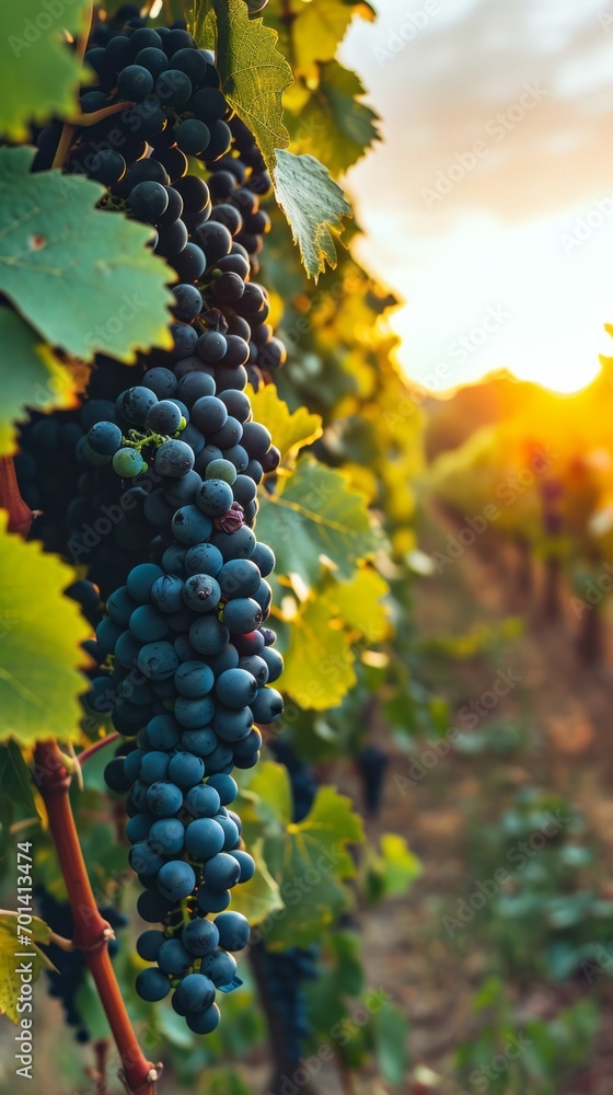 Naklejka premium Black Grapes on Vineyards Background at a Winery on Sunset