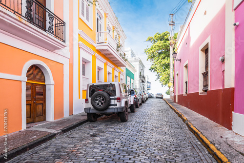 Old San Juan city with colorful houses and cobblestone street on a beautiful day. 