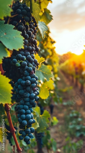 Black Grapes on Vineyards Background at a Winery on Sunset