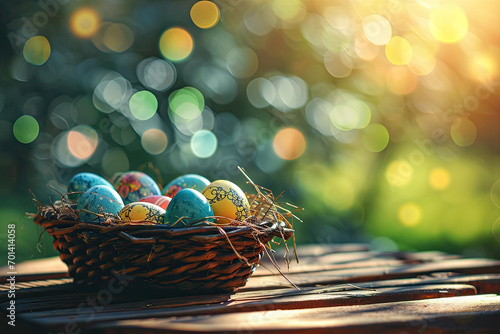Colorful Easter Eggs in Rustic Basket