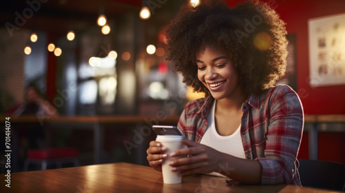 Smiling woman with curly hair enjoying her time while looking at her smartphone in a cozy, well-lit cafe setting