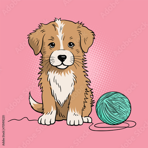 Little cute domestic dog with ball. Friendly funny pet. Face puppy animal. Cartoon vector illustration on pink background. Hand drawn pop art