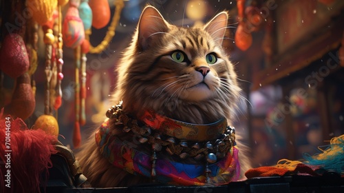 A regal cat with a jeweled collar surveying the vibrant, bustling streets of a colorful Indian market, filled with spices and textiles.