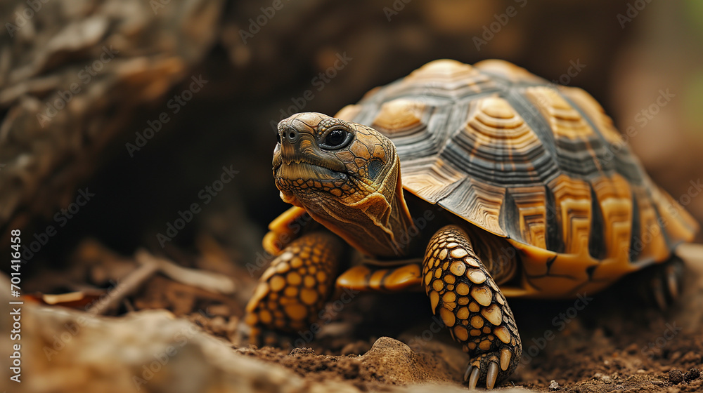 A tortoise ambles across the soil, close-up shot A tortoise ambles across the soil, close-up shot
