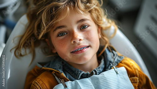 Close-up portrait of smiling teenage boy with braces against dentist standing in clinic. Examining child s teeth in dentist s office clinic