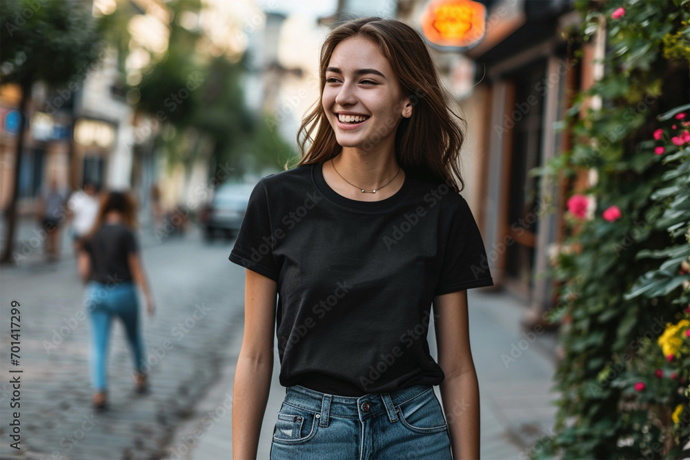 Black t-shirt mockup with female model