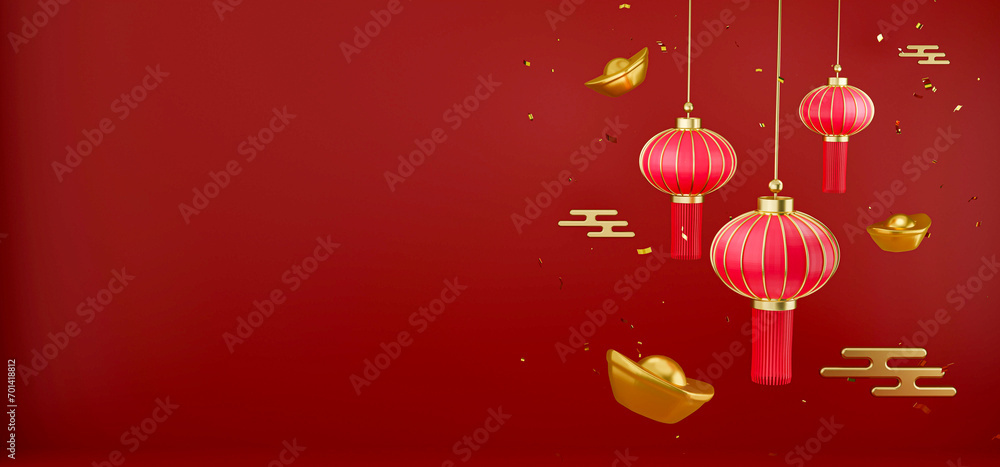 3D Render illustration of Chinese New Year banner background. Chinese red lanterns with copy space
3D Render illustration of Chinese New Year banner background. Chinese red lanterns with copy space