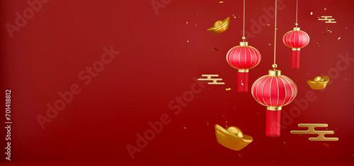 3D Render illustration of Chinese New Year banner background. Chinese red lanterns with copy space	
