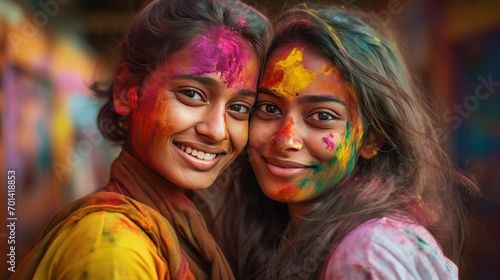 Happy indian young girls celebrating holi festival in colorful powders at sunny day. AI generated © Leafart