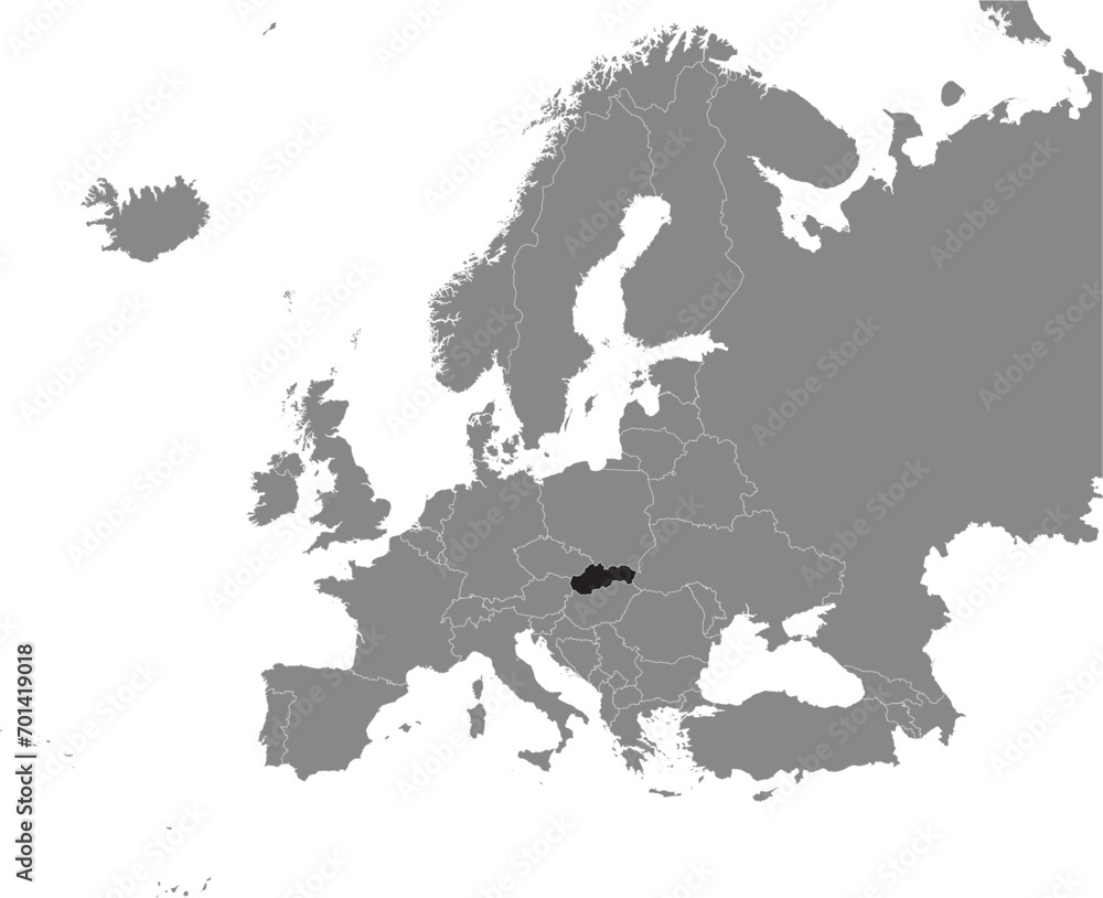Black CMYK national map of SLOVAKIA inside detailed gray blank political map of European continent on transparent background using Mercator projection