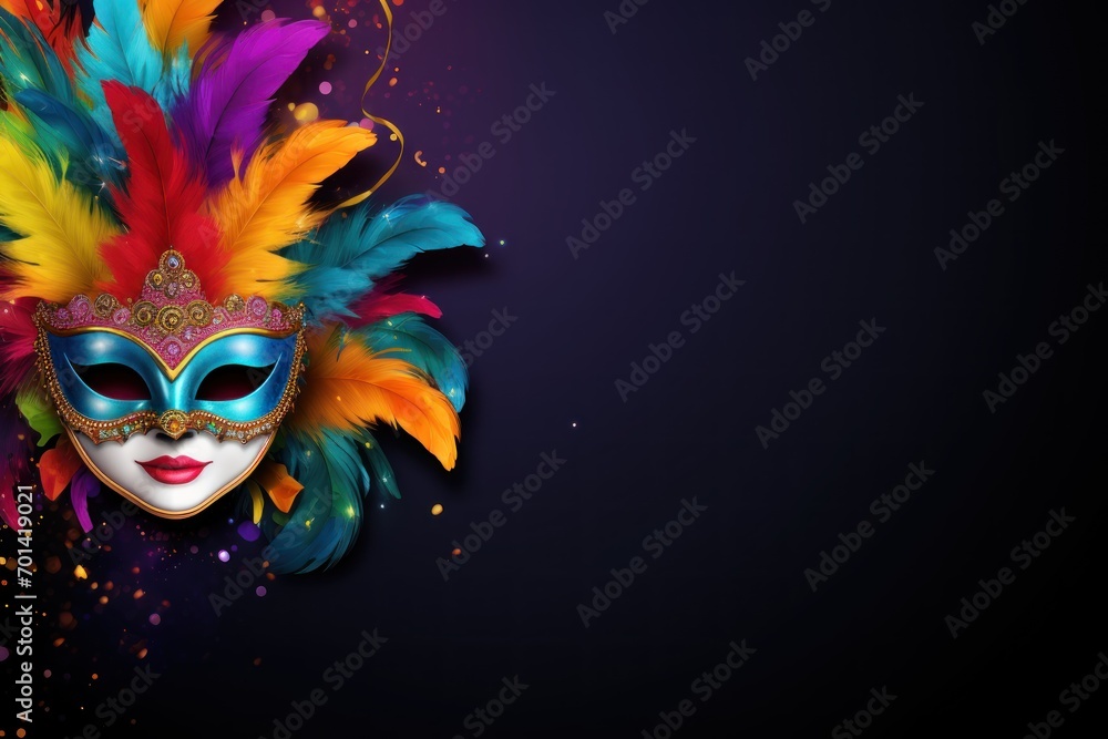 Multicolored carnival mask banner with space for text. Carnival party banner, invitation card. Brazilian carnival banner. background with vibrant Brazilian carnival banner template.