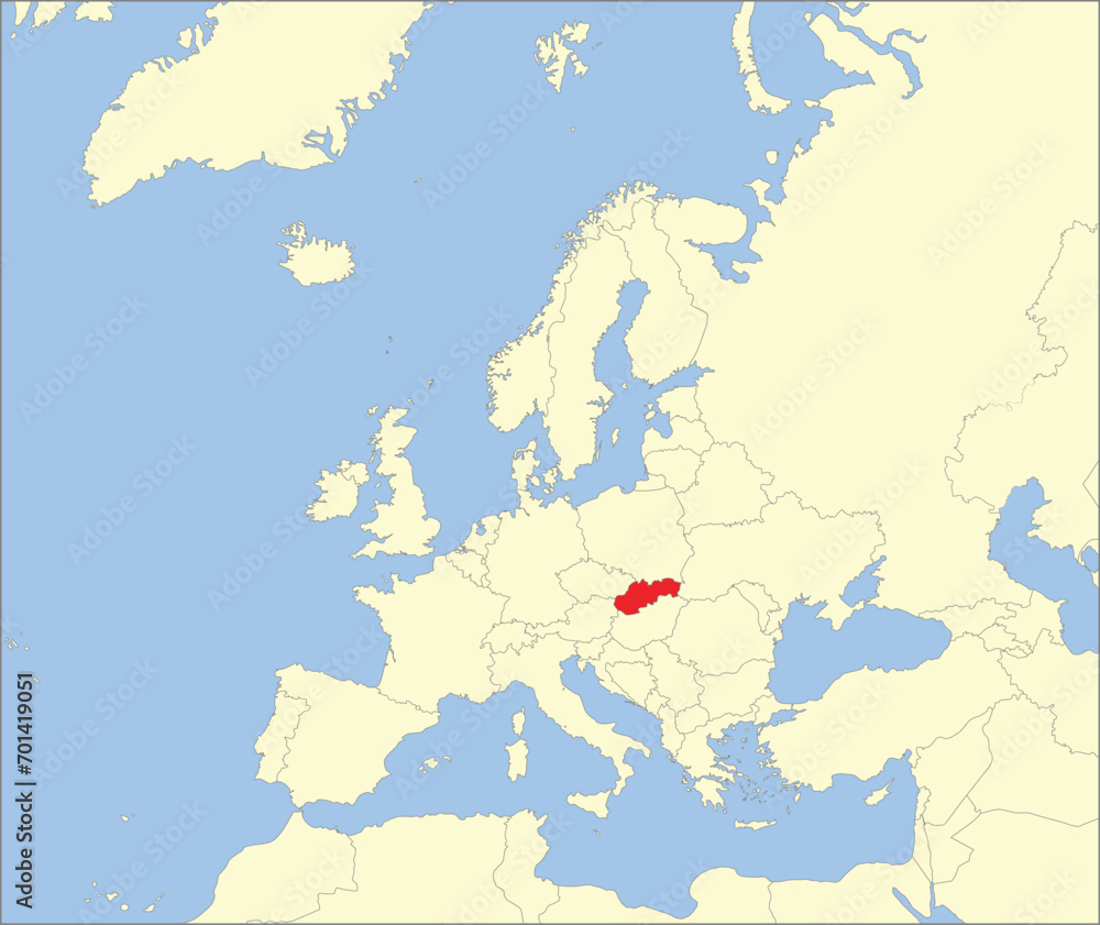Fototapeta premium Red CMYK national map of SLOVAKIA inside detailed beige blank political map of European continent on blue background using Mollweide projection
