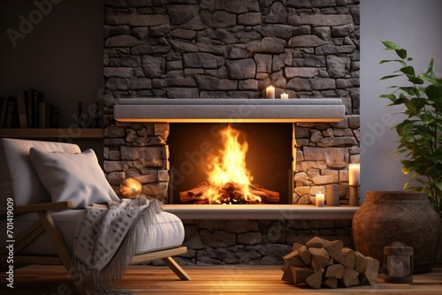 A fireplace in a house burning wood for warmth photo