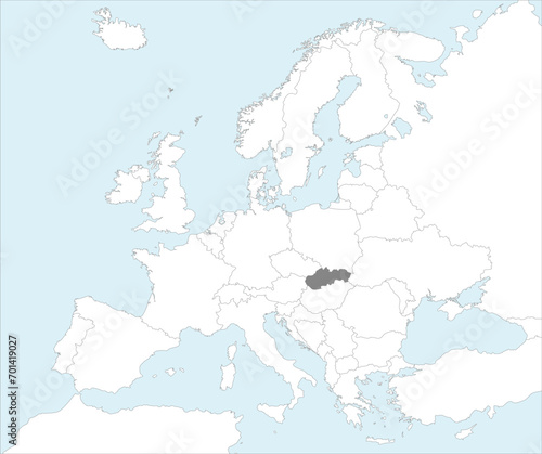 Wallpaper Mural Gray CMYK national map of SLOVAKIA inside detailed white blank political map of European continent on blue background using Mollweide projection Torontodigital.ca