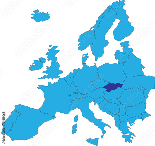 Dark blue CMYK national map of SLOVAKIA inside simplified blue blank political map of European continent on transparent background using Peters projection