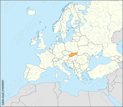 Orange CMYK national map of SLOVAKIA inside detailed beige blank political map of European continent with rivers and lakes on blue background using Mercator projection
