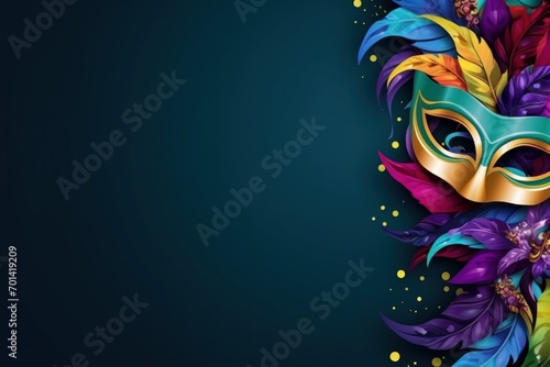 Multicolored carnival mask banner with space for text. Carnival party banner, invitation card. Brazilian carnival banner. background with vibrant Brazilian carnival banner template. photo