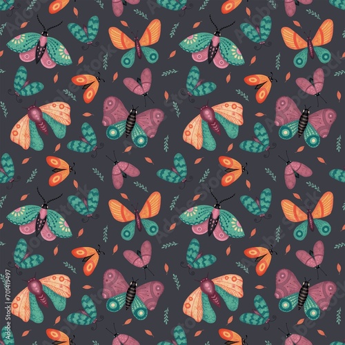 Beautiful illustration with butterfly and moth, botanical leaf seamless pattern on dark