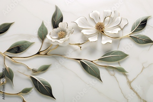 Delicately crafted Pietra dura blooms cast mesmerizing reflections on marble, embodying the delicate artistry etched in stone. photo