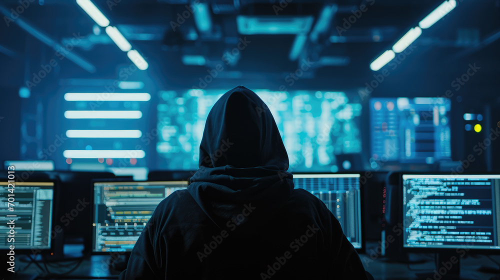 Individual in a hoodie sitting in front of multiple computer monitors displaying various data visualizations and global network map Individual in a hoodie sitting in front of multiple computer monitors displaying various data visualizations and global network map