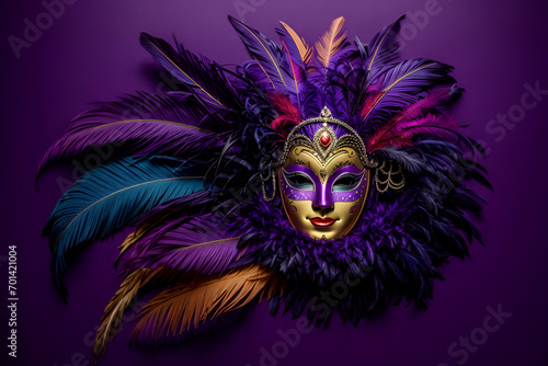a carnival mask with feathers on a purple background