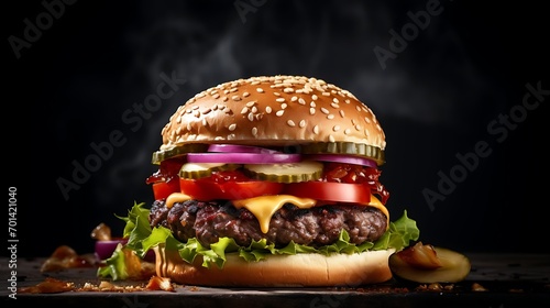 Delicious burger with pickles cheese boasting a medley of soaring ingredients and spices served hot and ready to savor. Commercial advertisement menu banner with copyspace area