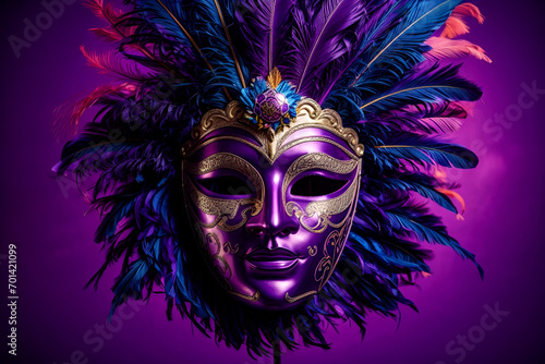 a carnival mask with feathers on a purple background