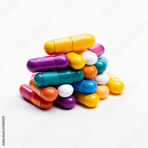 stack of multicolor pharmaceutical vitamin pills on isolated white background 