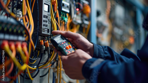 A technician in professional attire is carefully using a digital multimeter to check or troubleshoot an electrical panel photo