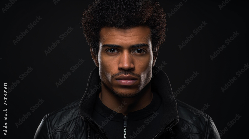 Obraz premium Stylish close-up portrait of a handsome afroamerican young man on black background. Handsome Afro American guy in black jacket looking at camera on a dark background 