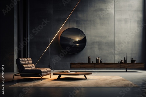 A conceptual and modern living room with dim lighting and luxurious home decor photo