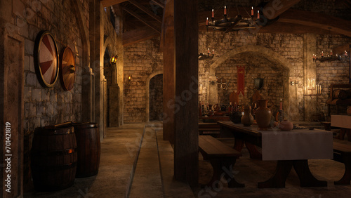 Old medieval dining hall at night with Viking shields hanging on the wall. 3D rendering. photo