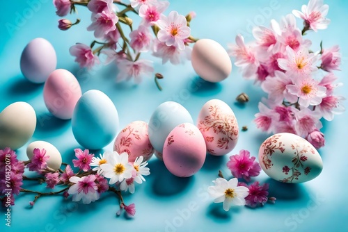 easter eggs and flowers on blue background