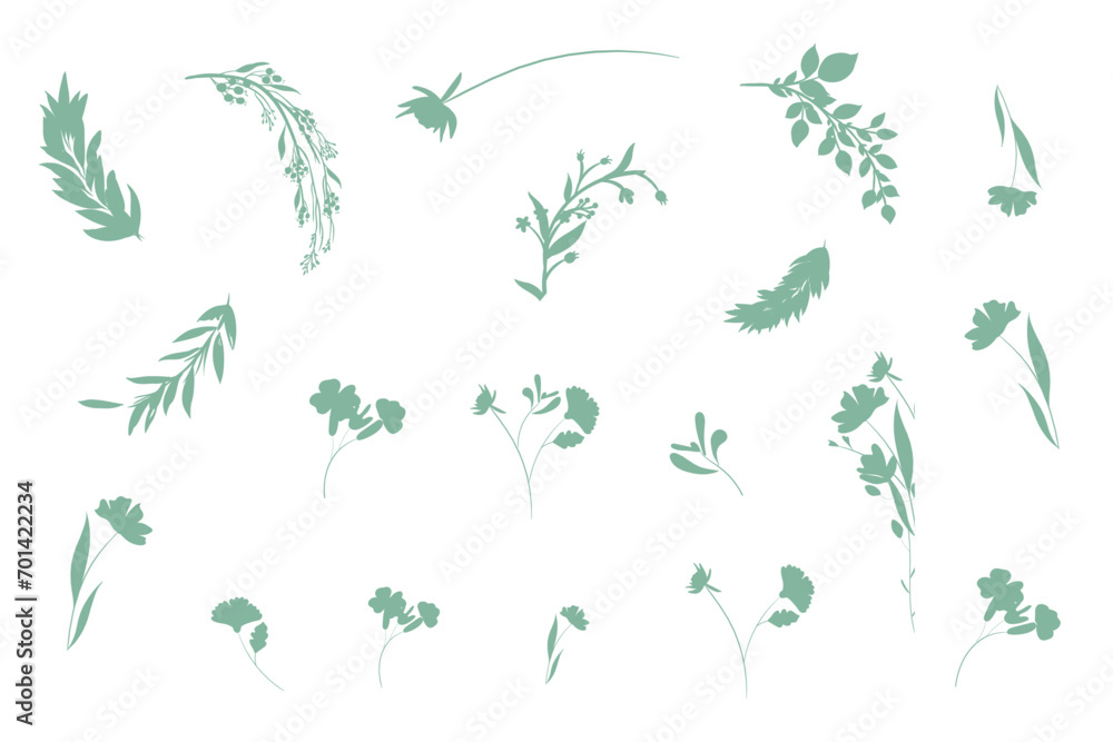 Hand drawn botanical silhouette of branches, flowers and leaves. Vector illustration - obrazy, fototapety, plakaty 
