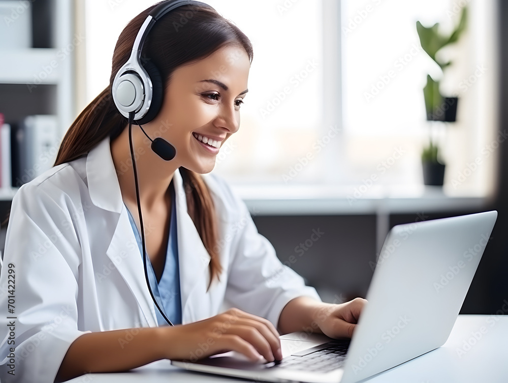 Woman doctor talking to online patient on computer screen giving consultation for health treatment Woman doctor talking to online patient on computer screen giving consultation for health treatment
