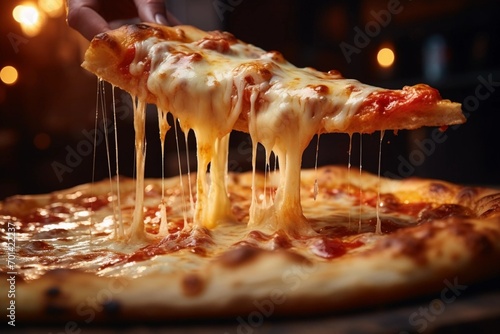 Stretching melted cheese on a hot pizza slice, a woman indulges in the deliciousness of traditional Italian food.