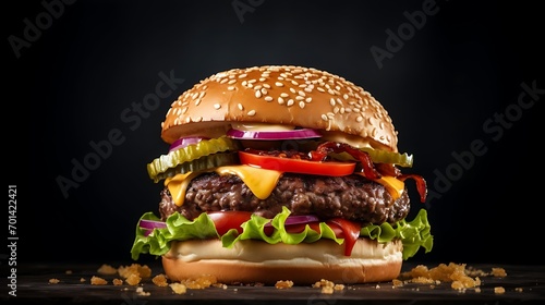 Delicious burger with pickles cheese boasting a medley of soaring ingredients and spices served hot and ready to savor. Commercial advertisement menu banner with copyspace area photo