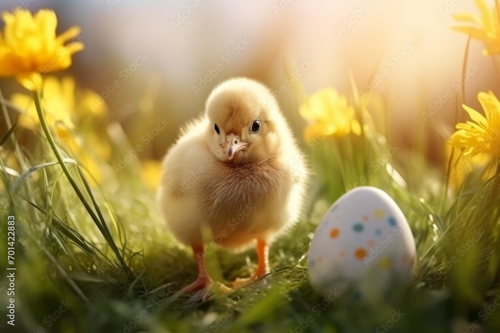 a young chicken on the lawn with an Easter egg next to it. place for the text.